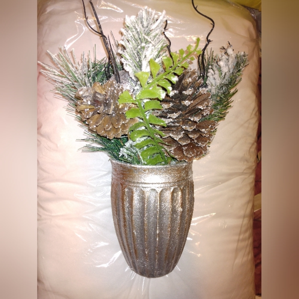 Frosty Pinecone Floral Silver Distressed Vase